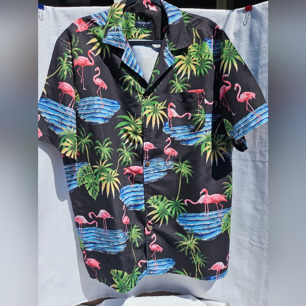 PASHARTUK Tropical Flamingo Print Men's Shirt Sz XL See Pictures For Details
